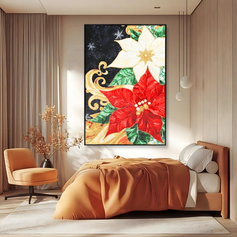 Tablou canvas cu tablou canvas cu craciunite rosii si albe, in rama de aluminiu negru, pe perete intr-un dormitor